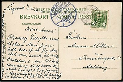 5 øre Fr. VIII på brevkort annulleret med stjernestempel AGGERSUND og sidestemplet Fjerritslev d. 25.7.1911 til Aalborg.