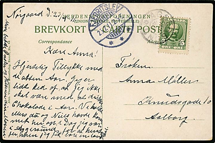 5 øre Fr. VIII på brevkort annulleret med stjernestempel AGGERSUND og sidestemplet Fjerritslev d. 25.7.1911 til Aalborg.