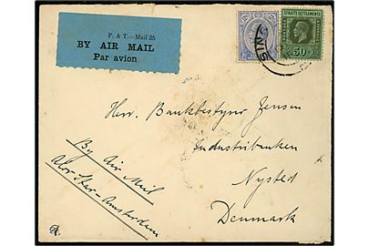 12 c. og 50 c. George V på luftpostbrev fra Singapore d. 13.1.1932 via Penang til Nysted, Danmark. Påskrevet: By Air Mail Alor Star - Amsterdam.