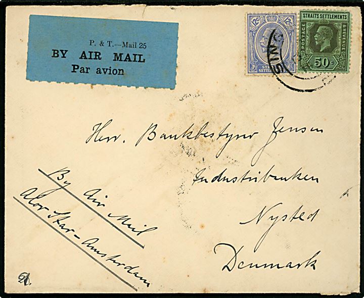 12 c. og 50 c. George V på luftpostbrev fra Singapore d. 13.1.1932 via Penang til Nysted, Danmark. Påskrevet: By Air Mail Alor Star - Amsterdam.