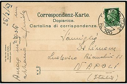 25 l. på brevkort annulleret med feltpoststempel Posta Militare N.100 (= Jugoslavien) d. 27.2.1942 til Napoli. 