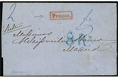 1858. Portobrev med rombeformet stempel St. Petersbourg d. 9.8.1858 til Madrid, Spanien. Blåt 8 R og rammestempel Prusse..