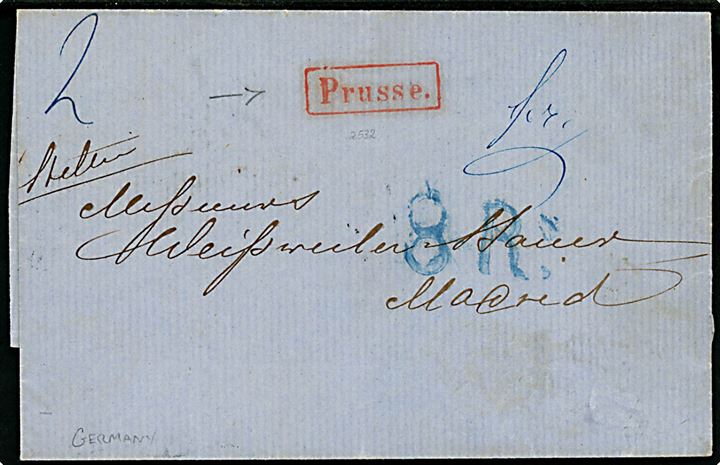1858. Portobrev med rombeformet stempel St. Petersbourg d. 9.8.1858 til Madrid, Spanien. Blåt 8 R og rammestempel Prusse..