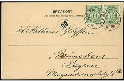 5 øre Våben i parstykke på brevkort annulleret med lapidar Viborg JB.P.E. d. 10.6.(ca.1904) til München, Bayern, Tyskland.