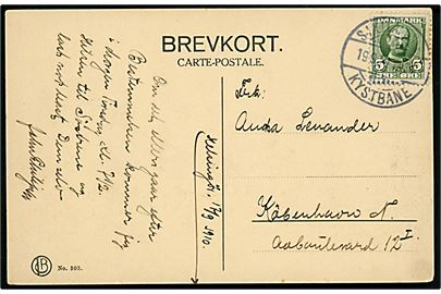 5 øre Fr. VIII på brevkort fra Helsingør annulleret med bureaustempel Sjællandske Kystbane d. 19.9.1910 til København.