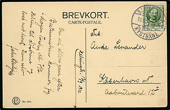 5 øre Fr. VIII på brevkort fra Helsingør annulleret med bureaustempel Sjællandske Kystbane d. 19.9.1910 til København.