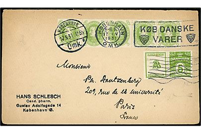 5 øre Chr. X 60 år (5) og 5 øre Bølgelinie & Alfred Benzon Sodapastiller reklamesammentryk på brev fra København d. 17.5.1931 til Paris, Frankrig.