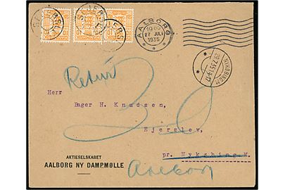 Ufrankeret brev fra Aalborg d. 27.7.1935 til Ejerslev pr. Nykøbing Mors. Udtakseret i porto med 10 øre Gebyr mærke (3) anvendt som portomærker og annulleret med udslebet stjernestempel SEJERSLEV og sidestemplet Nykøbing M. d. 29.7.1935. Returneret til Aalborg som Modtagelse Nægtet. 