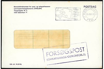 Ufrankeret postsags rudekuvert med rammestempel FORSØGSPOST (Omkarteringspostkontoret) og TMS ved København PTM d. 30.3.1981.
