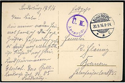 Ufrankeret feltpostbrevkort fra Sonderburg d. 20.9.1916 til Bremen. Violet censurstempel Ü.K. Apenrade.