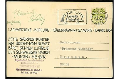 12 øre Bølgelinie på tryksags-ballon brevkort befordret med Ballon Mungg under den 1. schweiziske modeuge annulleret med TMS NATO forsvar for frihed og fred/København OMK30 d. 31-3-1954 til Drammen, Norge.