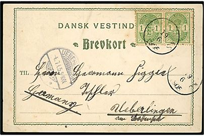1 cent Våben i parstykke på brevkort (Tyske orlogsskibe i St. Thomas havn) annulleret St. Thomas d. 19.6.1905 ril Ueberlingen, Tyskland.