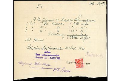 10 øre Chr. X annulleret med kontorstempel Holstebro d. 25.11.1920 anvendt som gebyr mærke på håndskrevet kvittering for indkøb af frimærker ved Holstebro Postkontor.