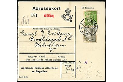 20 øre og 40 øre Karavel på adressekort for pakke fra Vandrup d. 11.8.1939 til København.