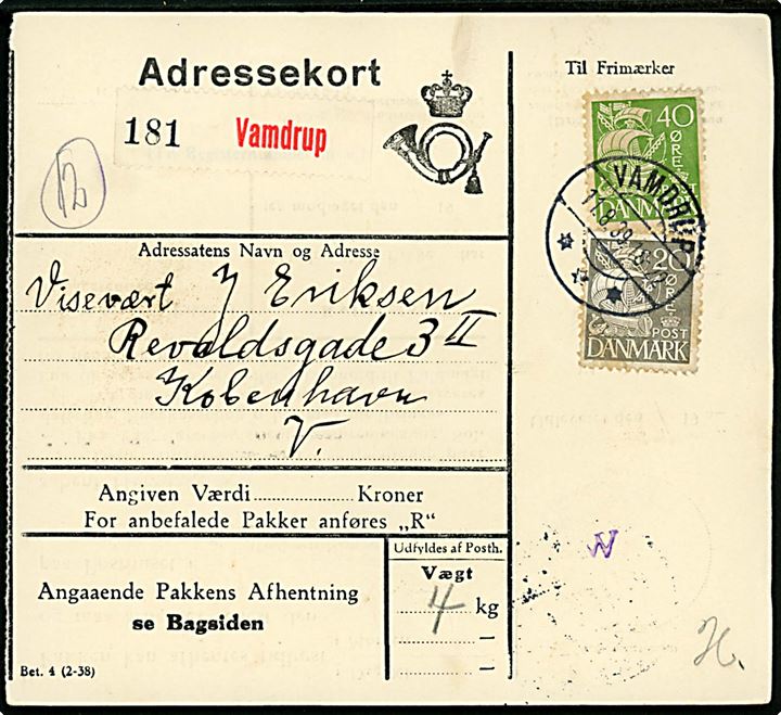 20 øre og 40 øre Karavel på adressekort for pakke fra Vandrup d. 11.8.1939 til København.