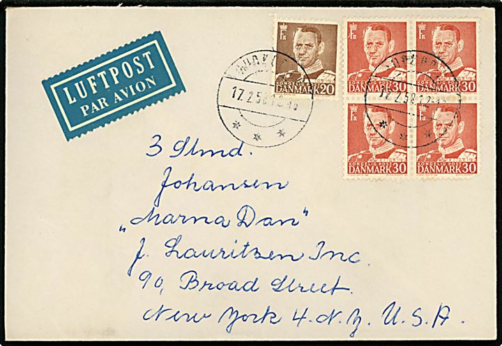 20 øre og 30 øre (fireblok) Fr. IX på luftpostbrev fra Rudkøbing d. 17.2.1958 til 3. styrmand ombord på J. Lauritzen skibet M/S Marna Dan i New York, USA. Mærker med fejl.