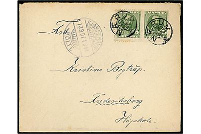 5 øre Fr. VIII i parstykke på brev annulleret med stjernestempel NÆRUM og sidestemplet bureau Kjøbenhavn - Holte T.344 d. 13.9.1907 til Frederiksborg. 