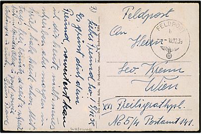 Ufrankeret feltpostkort (Köln, St. Gereon kirke) annulleret Feldpost b d. 10.12.1939 til Wien. 