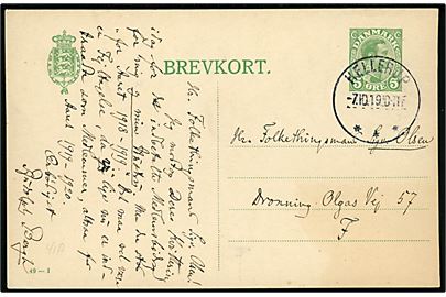 5 øre Chr. X lokalt helsagsbrevkort (fabr. 49-I) stemplet Hellerup d. 7.10.1919 fra zoolog og komponist Rudolph Berg til folketingsmand Sigvald Olsen i København.