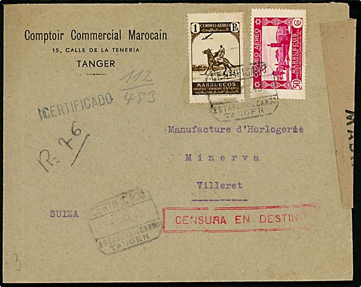 Spansk Marokko 50 cts. og 1 pta. på anbefalet brev fra Tanger d. 6.10.1943 via Madrid til Villeret, Schweiz. Interessant rammestempel Censura en Destino og åbnet af spansk censur i Madrid.