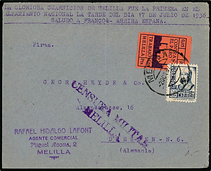 50 cts. Isabel og 0,05 pts. Contra el Paro Velgørenhedsmærke på brev fra enklaven Melilla d. 2.10.1937 til Dresden, Tyskland. Lokal spansk censur fra Melilla.