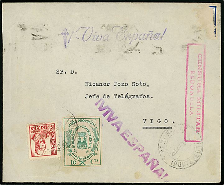 30 cts. Isabel og 10 cts. lokalt velgørenhedsmærke fra Pontevedra på brev fra Redondela d. 26.8.1937 til Vigo. Lokal spansk censur fra Redondela.