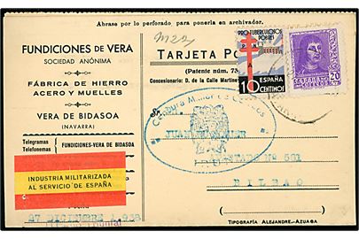 20 cts. og 2 forskellige velgørenheds mærker på brevkort annulleret med svagt stempel d. 28.12.1938 til Bilbao. Lokal spansk censur fra Irun.