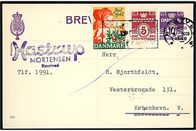 10 øre helsagsbrevkort (fabr. 165) opfrankeret med 5 øre Bølgelinie og Julemærke 1948 Fra Næstved d. 9.12.1948 til København.