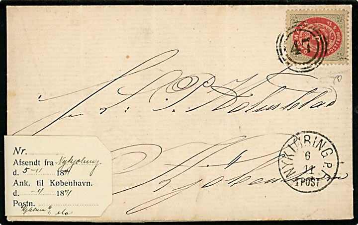 4 sk. Tofarvet på brev annulleret med nr.stempel 47 og sidestemplet lapidar Nykjøbing p. F. d. 6.11.1871 til Kjøbenhavn.