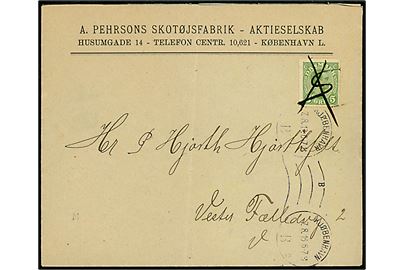 5 øre Chr. X single på lokalbrev med skævt placeret maskinstempel i Kjøbenhavn d. 7.8.1916 annulleret med blæk X og S. Lodret fold.
