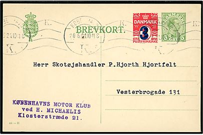 5 øre +3/2 øre provisorisk helsagsbrevkort (fabr. 44-H) med fortrykt meddelelse fra Københavns Motor Klub sendt lokalt i København d. 20.6.1921. Nålehul.