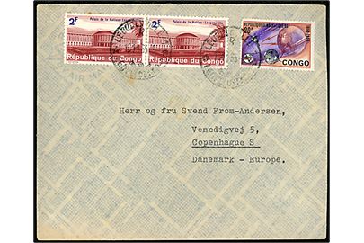 Rep. Congo 2 fr. (par) og 20 fr. på luftpostbrev fra Dansk Røde Kors i Leopoldville d. 10.11.1965 til København, Danmark.