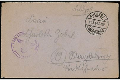 Ufrankeret tysk feltpostbrev stemplet Kolberg (Ostseebad) d. 11.3.1944 til Magdeburg. Svagt briefstempel fra 1 Abt. Torpedo Schule.