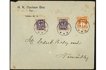 1 øre Bølgelinie og 7/15 øre Provisorium (2) på brev annulleret med brotype IIIb Fur d. 3.8.1928 til Nørresundby. Lidt rust.