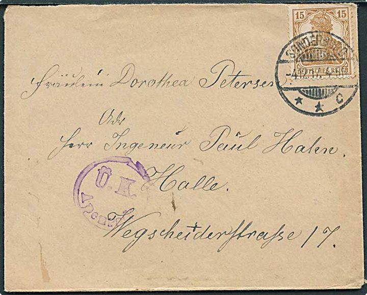 15 pfg. Germania på brev stemplet Sonderburg **C d. 4.12.1917 til Halle, Tyskland. Violet censur Ü.K. Apenrade.