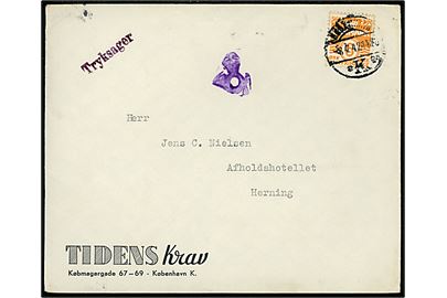6 øre Bølgelinie på fortrykt kuvert fra Tidens Krav sendt som tryksag fra København d. 8.7.1942 til Herning. Violet kronet/posthorn tryksagskontrol-stempel.