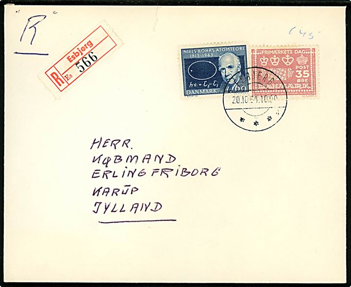 35 øre Frimærkets Dag og 60 øre Niels Bohr på anbefalet brev fra Esbjerg d. 20.10.1964 til Karup.