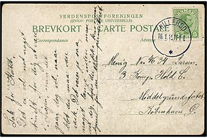 5 øre Chr. X på brevkort fra Hillerød d. 16.1.1915 til menig soldat på Middelgrundfortet ved København.
