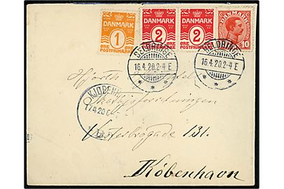 1 øre, 2 øre (par) Bølgelinie og 10 øre Chr. X på brev annulleret med brotype Ia Beldringe d. 16.4.1920 til Kjøbenhavn.