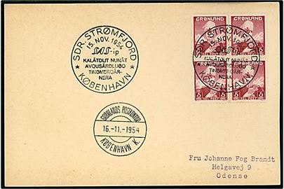 5 øre Chr. X i fireblok på filatelistisk SAS første flyvnings brevkort annulleret med særstempel i Sdr. Strømfjord d. 15.11.1954 via Grønlands Postkontor København K. d. 16.11.1954 til Odense.