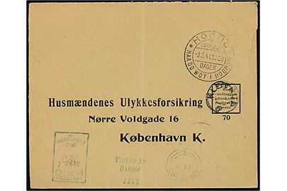 Ufrankeret svarkuvert med udslebet stjernestempel KLEITRUP og sidestemplet Hobro d. 3.5.1941 til København. Udtakseret i 20 øre enkeltporto med grønt portomaskinstempel d. 5.5.1941.