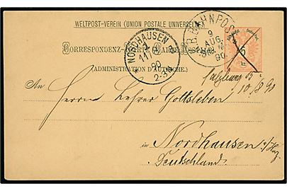 Østrigsk 5 kr. helsagsbrevkort fra Salzburg annulleret med blækkryds og sidestemplet med bayersk bureaustempel K.B.Bahnpost d. 9.8.1890 til Nordhausen, Tyskland.