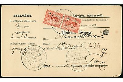 1 kr.i parstykke på formular (Tavbeszelö-jegy) annulleret Tiszavarkony d. 24.3.1914.
