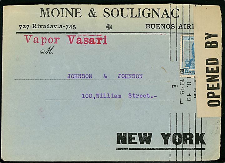 12 c. på brev fra Buenos Aires d. 19.2.1918 til New York, USA. Rødt dirigeringsstempel Vapor Vasari. Åbnet af amerikansk censur med censor stempel no. 124