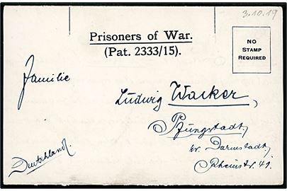 Ufrankeret fortrykt krigsfange foldebrev fra tysk krigsfange dateret d. 3.10.1919 til Darmstadt, Tyskland. På bagsiden violet afs.-stempel P/W No. (1248) / (Waiker) / CATTERICK, YORKS. HÜTTE (F3) / ENGLAND
