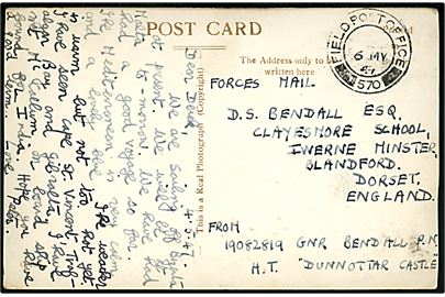 Ufrankeret Forces mail feltpostkort (Union-Castle Line M/S Dunnottar Castle) skrevet ombord på transportskibet på vej til Indien med britisk feltpost stempel Field Post Office 570 (= Luqa, Malta) d. 6.5.1947 til England.
