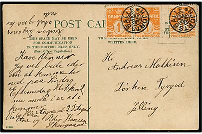 1 øre Bølgelinie (3) på lokalt brevkort annulleret med stjernestempel HJORTSBALLE til Tyrgod pr. Jelling.