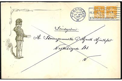 10 øre Bølgelinie i parstykke på stor illustreret Garder-kuvert sendt som lokalt søndagsbrev i København d. 20.4.1935. Fold og del af bagklap mgl.