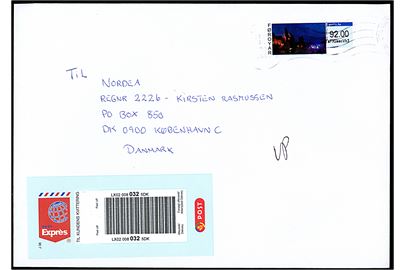 92 kr. Føroyar Musikfestival frankerings etiket (DAKA FL.35) på ekspresbrev fra Tórshavn d. 22.6.2017 til København, Danmark.