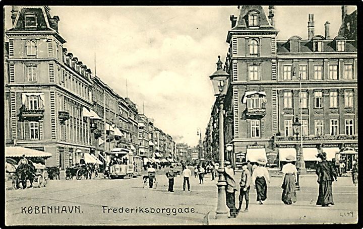 Frederiksborggade hj. Sølvtorvet med sporvogn no. 31. U/no. Kvalitet 8